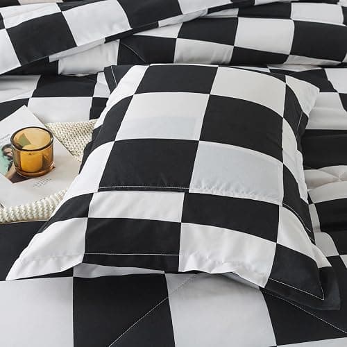 Caressma Black White Plaid Comforter Set Full Size, Buffalo Check Plaid Comforter Bedding Set for All Seasons, Farmhouse Soft Microfiber Comforter with Pillowshams thumbnail 5