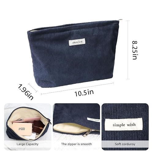 Wudygirl Cosmetic Bags for Women,Travel Makeup Bag,Aesthetic Women Handbags Purses,Large Capacity Corduroy Toiletry bag Zipper Pouch(Navy Blue) thumbnail 2