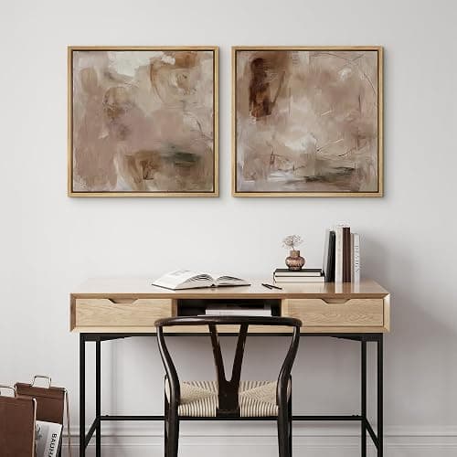 SIGNFORD Framed Canvas Print Wall Art Set Abstract Earthy Tones Soft Blush Illustrations Modern Art Minimal Relax/Calm for Living Room, Bedroom, Office - 24"x24"x2 Natural thumbnail 3