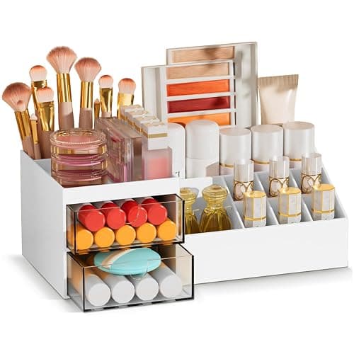 Subsky Make up Organizer mit Schubladen, Multifunktion Schminktisch Organizer Einfache Aufbewahrung für Make-Up Pinsel Wattepads, Schreibtisch Organizer für Dresser Skincare Weiß - Image 1