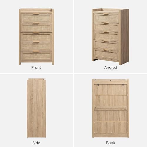 SICOTAS Dresser for Bedroom Chest of Drawers 46" Tall Dresser for Closet with 5 Rattan Drawers Boho Night Stand Large Clothes Storage Cabinet for Living Room Hallway Nursery Entryway - Reclaimed Light Oak/5 Drawers - 1 Piece thumbnail 9