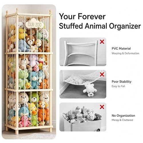 MIRCNY Stuffed Animal Storage, 54" Toy Organizer Tower, Anti-Tip Design | Solid FSC-Certified Pine: Durable wooden frame with wall anchors & rounded corners to ensure maximum child safety. thumbnail 9