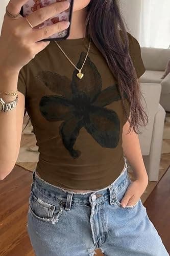 Tankaneo Womens Y2K Graphic Baby Tees Summer Floral Vintage Short Sleeve Tops Slim Fit Cropped T-Shirts thumbnail 3