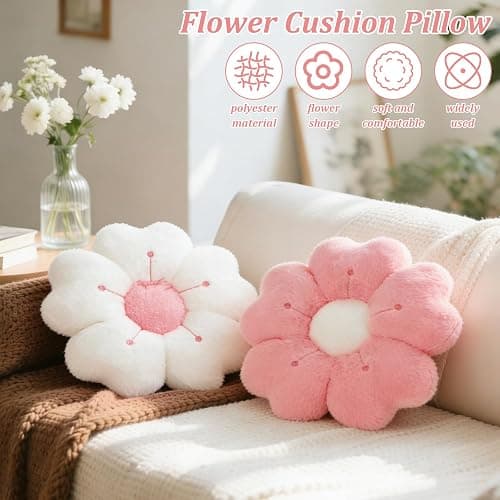 2Pcs Flower Pillow,34cm Plush Thick Flower Cushion White & Pink Aesthetic Daisy Pillow,Soft Fluffy Preppy Cushion Lumbar Suppor Mat Room Decor for Car Home Sofa Chair Bedroom Floor(Pink+White) thumbnail 3