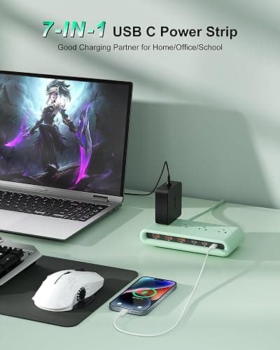 Power Strip with USB C 35W,10-in-1 Flat Plug Wall Charger - 5FT Extension Cord with 4AC, 3 USB A & 3 USB C - PD20W Charging Station for Multiple Devices - Travel Home Office (Green) thumbnail 3
