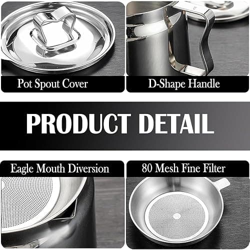 Arshany 2L Grease Container with Strainer, 4 in 1 Large Capacity Oil Container with Strainer Tray, Frying Basket & Lid, Stainless Steel Oil Filter Pot for Storing Cooking Frying Oil & Bacon Grease thumbnail 5