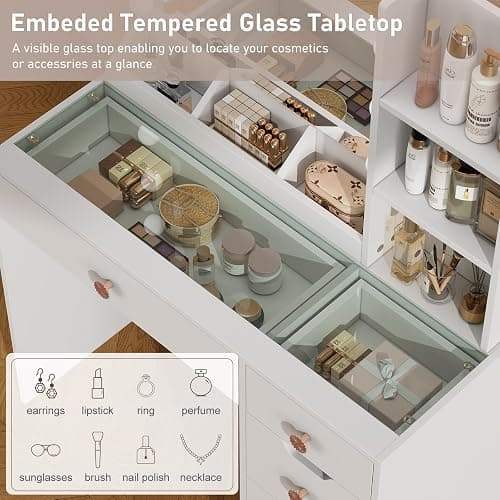 YaoYaoJia Makeup Vanity Desk with Mirror and Lights,35.4" White Vanity with Glass Top,Vanity Table with 5 Drawers,3 Lighting Modes & Brightness Adjustable Dressing Table for Bedroom thumbnail 3