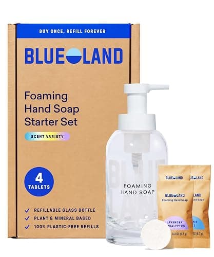 BLUELAND Hand Soap Starter Set, 1 Refillable Glass Foaming Hand Soap Dispenser with 4 Refill Tablets, Variety Scents, 4 x 9 Fl oz - Image 1
