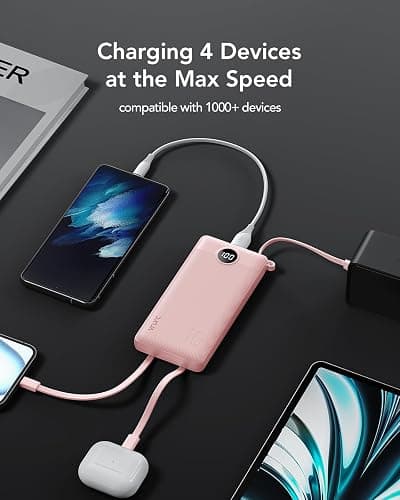 VRURC Portable Phone Charger, 20W PD Fast Charging Portable Charger for iPhone, 10000mAh Battery Bank with Cables, 4 Output 3 Input USB C Battery Pack for iPhone 17 16 15 14 13,Samsung Galaxy-Pink thumbnail 5
