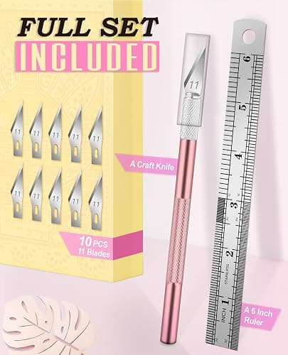 DIYSELF Exacto Knife Set with 10 Extra #11 Blades, 6-Inch Metal Ruler, Pink | Exacto Knife for Crafting, Art, Scrapbooking & Stencil Projects, Hobby Knife Set for Artists & Students thumbnail 2
