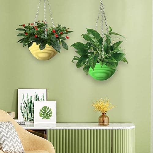 Srmayyi 8 Pack 8 Inch Plastic Self Watering Hanging Planters,Colorful Hanging Basket Planter with Drainer and Metal Chain,Garden Flower Plant Pot Container for Indoor Outdoor Plants,8 Colors thumbnail 2