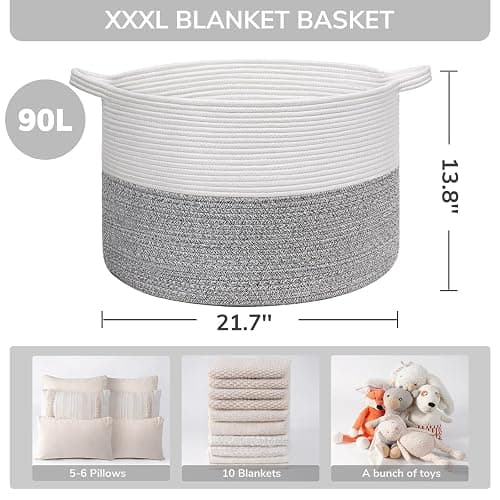 INDRESSME Large Storage Basket, 21.7'' x 13.8'' Cotton Rope Blanket Basket Living Room, Toy Organizers and Storage with Handles for Kids, Laundry Baskets for Clothes, Towel, 90L Grey thumbnail 2