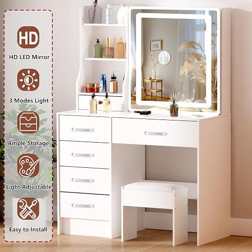 Caulitar Premium Vanity Desk with Mirror and LED Lights, 55.1" H White Makeup Vanity with 6 Drawers 6 Shelves & 1 Chair,Vanity with Led Lights 3 Modes Adjustable and Slide Mirror for Girls and Adults thumbnail 5