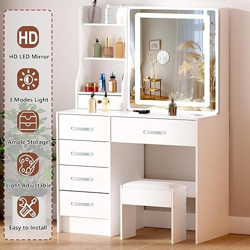 Caulitar Premium Vanity Desk with Mirror and LED Lights, 55.1" H White Makeup Vanity with 6 Drawers 6 Shelves & 1 Chair,Vanity with Led Lights 3 Modes Adjustable and Slide Mirror for Girls and Adults - D1907L thumbnail 5