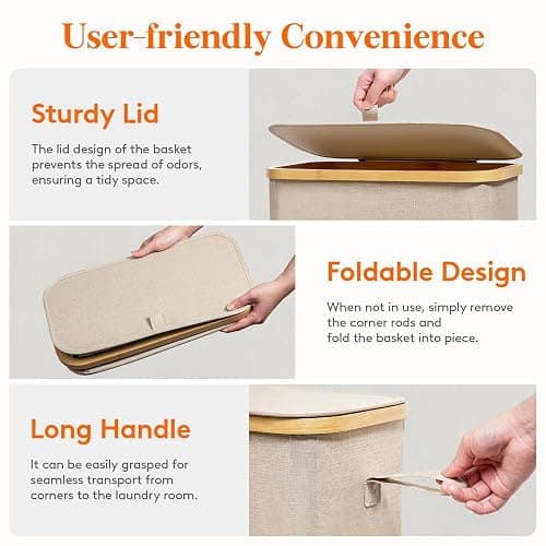 Lifewit 75L Slim Laundry Hamper with Lid, Narrow Laundry Basket with Removable Bag & Bamboo Handles, Fodable Thin Dirty Clothes Hamper for Laundry Collapsible Bin for Bathroom Bedroom Dorm, Beige thumbnail 5