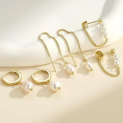 Turandoss Pearl Earrings Set for Women Trendy Dainty Pearl Dangle Hoop Earrings Mismatched Threader & Stud Earrings Stack 14K Gold Plated Jewelry Multiple Piercings thumbnail 6