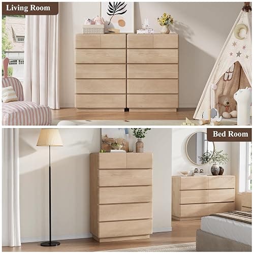 YANSNWO Natural 6 Drawer Dresser for Bedroom, 48" Tall Chest of Drawers | Curved Profile Design, Thickened Base, Handless design, Unique panel design, Bedroom, living room, and hallway storage thumbnail 6
