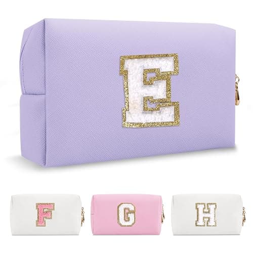 Personalized Makeup Bag Initial A-Z Preppy Patch Bag,Small PU Leather Travel Cosmetic Bag Pouch with Zipper,Purple Cute Toiletry Bag,Gift Ideal for Teen Girls Women Birthday Friend Mom,Latter E - Image 1