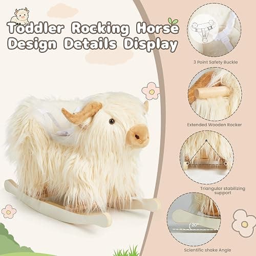 Baby Rocking Horse,Highlander Cattle Rocking Toy for 1+ Year Old Boys and Girls Rocking Horse for Kids Room Nursery Birthday Party Shower Gift Wood Animal Rocker French Design 3-Side Seat PP Cotton thumbnail 6