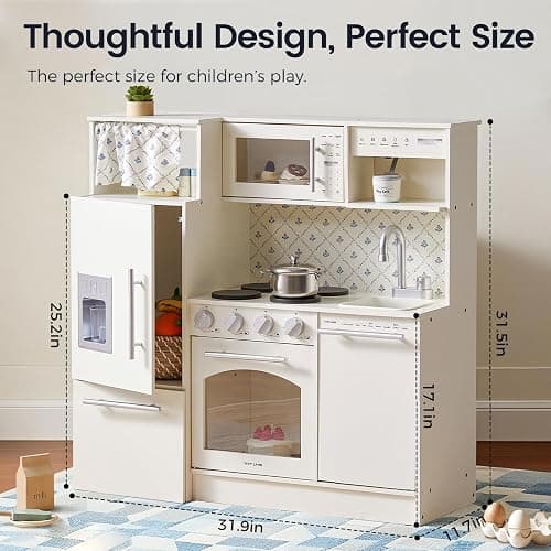 Tiny Land Play Kitchen for Kids, Upgraded Wooden Kitchen Toy with Complete Play Areas, Pretend Cooking Set with Sink, Stove, Microwave, Toy Coffee Station & Storage for Kids Ages 3+ thumbnail 2