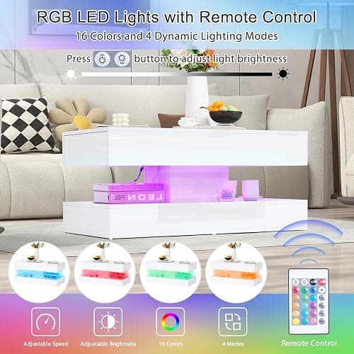 Verano Garden Modern High Gloss LED Coffee Table with Storage, 2-Tier Center Table with Open Display Shelf & 2 Sliding Drawers, Rectangle Coffee Tables for Living Room, Bedroom thumbnail 3