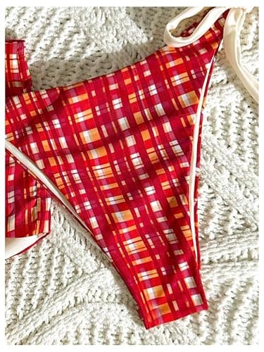SweatyRocks Women's Plaid Print Halter String Bikini Set 3 Piece Swimsuit with Cover Up Shorts thumbnail 4