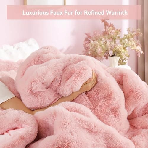 YIKUSH Full Faux Fur Soft Comforter Set, Fluffy Pink Rabbit Fur Comforter | Warm Thick Full Size Bedding Set,Super Fluffy Luxury Pink Comforter for Winter, Easy Care (1 Comforter, 2 Pillowcases) thumbnail 5
