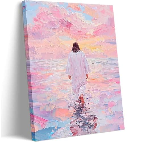 Jesus Canvas Wall Art Pink Jesus Walks on Water Painting Picture Wall Decor Religious Savior Wall Art Christian Bible Stories Poster print Artwork for Living Room Bedroom Church Decor 24x36in canvas - Image 1