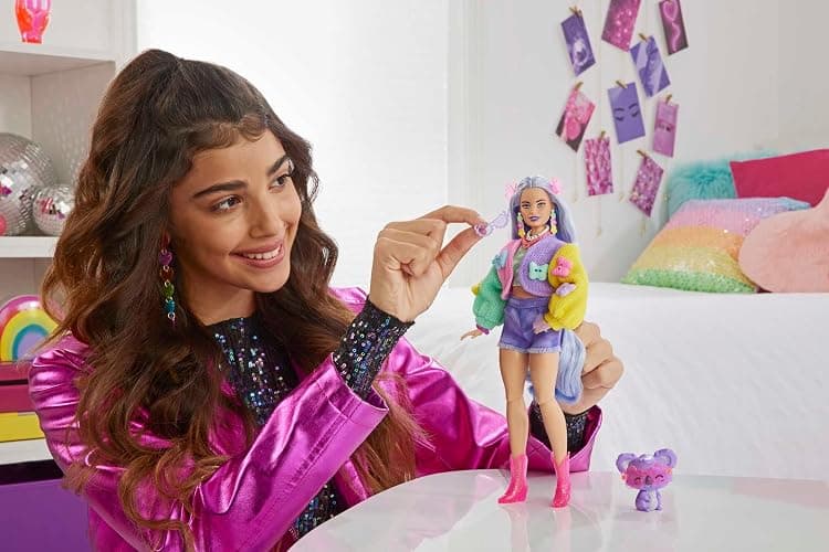 Barbie Extra Doll & Accessories with Wavy Lavender Hair in Colorful Butterfly Sweater & Pink Boots with Pet Koala thumbnail 2