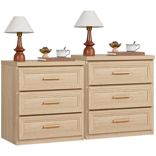 RWYHG Night Stand Set of 2 with 3 Drawer 26" Fluted Wooden Tall Nightstand Metal Handle for Bedroom Living Room Bedside Table Modern Style Furniture Natural - Image 1