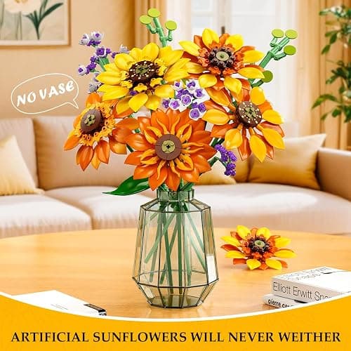 CUBIMANA Flowers Sunflower Bouquet Building Set with Lights - 17 Flowers Botanical Collection Artificial Plant Sunflower Building Blocks Art Home Decor Valentines Gifts for Adults Women Girl (1011PCS) thumbnail 5