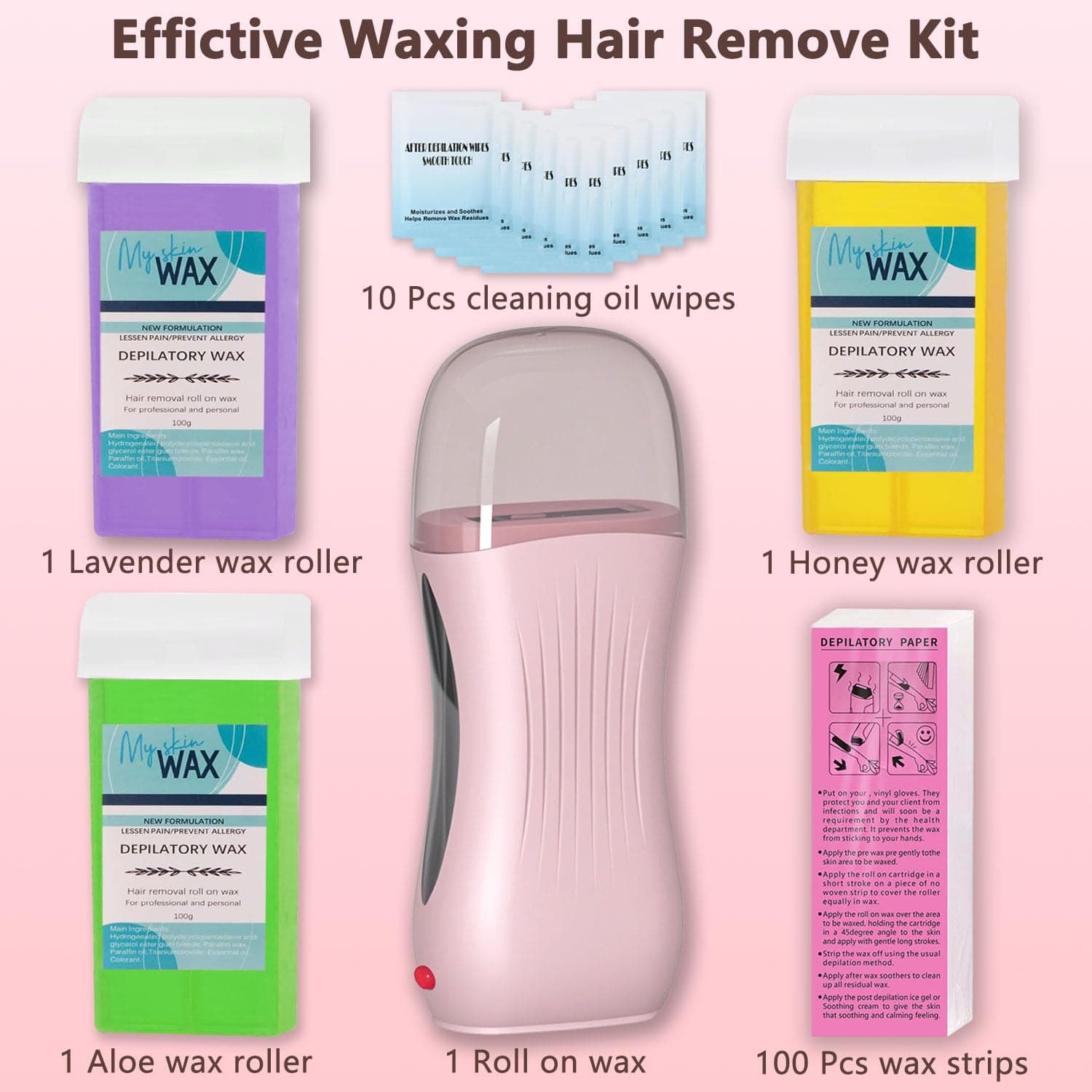 Roll on Wax Kit, Roller Wax Kit for Coarse/Fine Hair Removal for Women, Quick and Skin-Friendly Beginners Waxing Roller with 3 Pcs 100g Roll Cartridge, 100 Non-Woven Strips & 10 After Wipes (F8_Pink) thumbnail 2