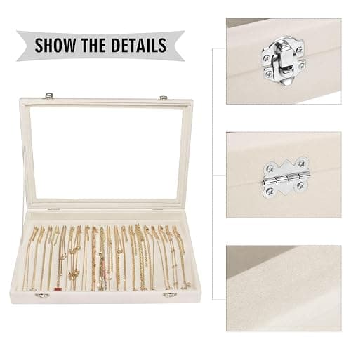Siveit Necklace Organizer Box Premium 20 Hooks Velvet Necklace Display Jewelry Tray with Transparent Lid Jewelry Necklace Display Box for Necklace Pendants Suitable for Women and Girls (Beige) thumbnail 4