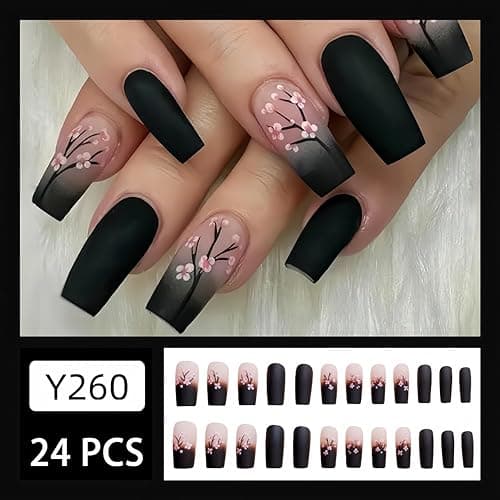 Spring Press on Nails Medium Fake Nails Pink Black Gradient Square Press on Nails Coffin Glossy False Nails with Pink Flowers Designs Full Cover Acrylic Nails Glue on Stick on Nails for Women 24PCS thumbnail 3