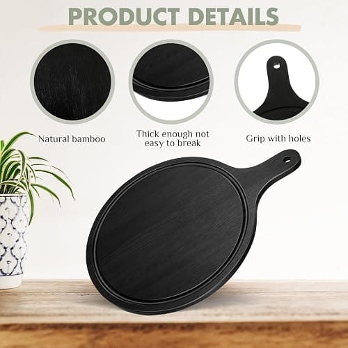 Geetery 3 Packs 12 Inch Black Wood Chopping Boards with Handle and Deep Juice Groove Small Bamboo Wooden Pizza Paddle Serving Boards Tray Charcuterie Plank Chopping for Cheese Steak Bread thumbnail 4