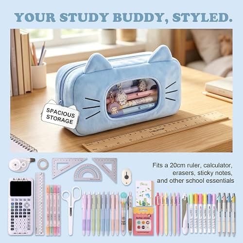 EASTHILL Cute Cat Plush Pencil Case with Clear Display Window, Large Capacity Kawaii Pencil Pouch for Girls Teens, Aesthetic Soft Fluffy Cat Ear Stationery Bag for School Office Travel-Blue thumbnail 3