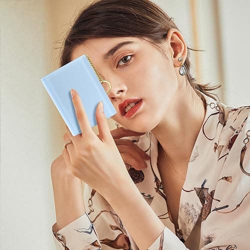 Rouidr Womens Wallet, Small Slim RFID Card Wallets for Women, Cute Front Pocket Trifold Leather Card Organizer with 7 Slots & ID Window, Blue thumbnail 2