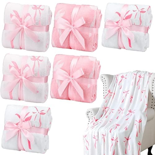 Buryeah 6 Pcs Pink Throw Blanket Preppy Sleepover Blanket 40"x60" Flannel Soft Decor Lightweight Aesthetic Plush Room Decor for Sofa Couch Travel Bed Christmas Decoration(Pink, Bowknot) - Image 1