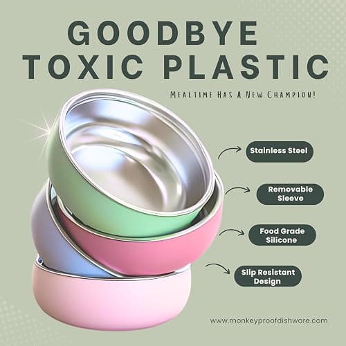 Monkey Proof™ Non-Toxic Stainless Steel Child Bowl 5” with Non-Slip Silicone Shell, (Set of 4 bowls) Unbreakable, Mess Free Feeding for Babies, Toddlers, Kids, BPA free (Garden Party) thumbnail 4