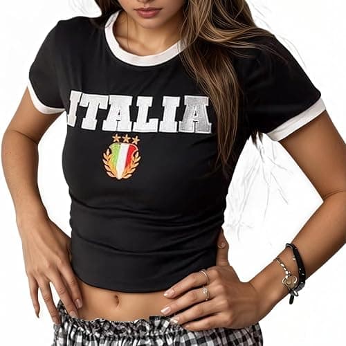 ITHAFE Vintage Graphic Baby Tees for Women Italy Shirt Y2k Tops Jersey Crop Top Downtown Girl Clothes Summer Going Out - Image 1