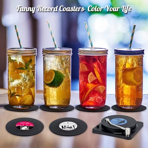 Valdivia Funny Retro Vinyl Record Coasters with Player, 6 Pcs Music Coasters for Drinks, Bars, Party, Birthday Gifts for Music Lovers, Home Decor Housewarming and White Elephant Gifts Ideas thumbnail 6