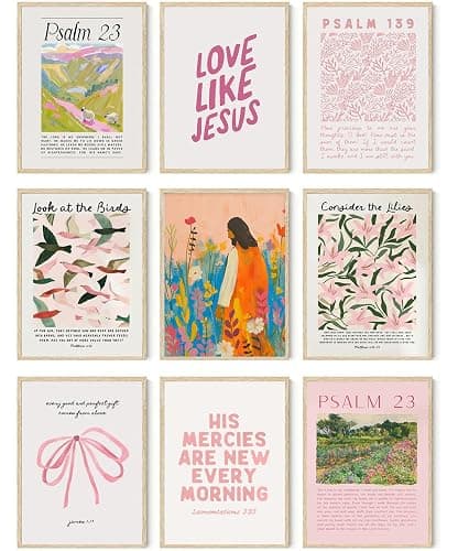 9pcs Christian Wall Art Bundle in Pink Bible Verse Paintings Pictures Wall decor Jesus Poster Printing Artworkfor Girls Room Christian Housewarming Gift Fashionable college style Home Decoration - Image 1