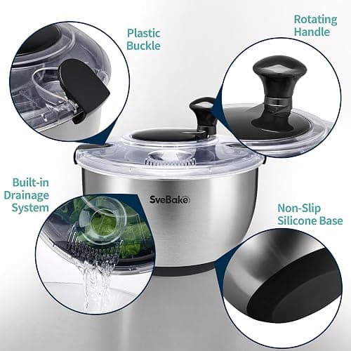 SveBake Stainless Steel Salad Spinner, 4.8 Qt Vegetable Washer, BPA-Free Lettuce Dryer with Crank Design, Dishwasher Safe, Non-Slip Base - Transparent Lid thumbnail 5