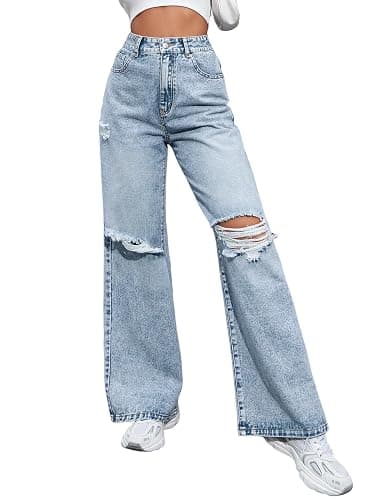 CHEZVOGUE Women's High Waisted Ripped Wide Leg Denim Pants Casual Loose Fit Jeans - Image 1