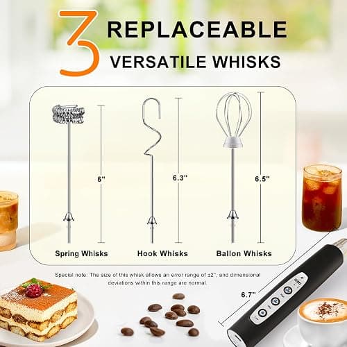 YUSWKO Black Handheld Milk Frother Wand for Coffee, Rechargeable Electric Whisk with 3 Heads 3 Speeds Drink Mixer Coffee Frother For Latte, Cappuccino, Hot Chocolate, Egg thumbnail 5
