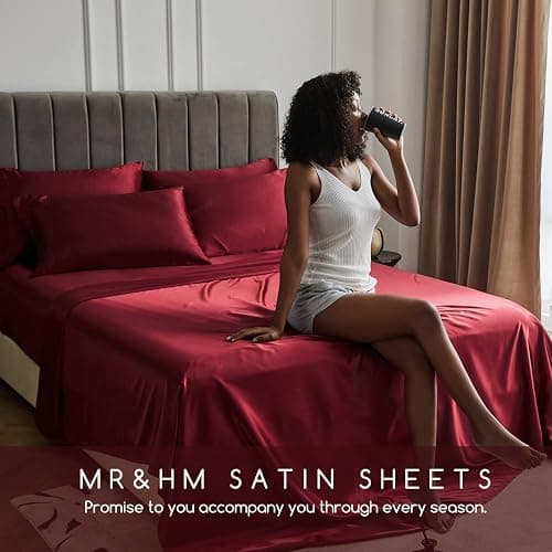 MR&HM Satin Bed Sheets, Queen Size Sheets Set, 4 Pcs Silky Bedding Set with 15 Inches Deep Pocket for Mattress (Queen, Burgundy) thumbnail 7
