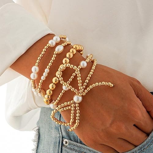 NIQIPOK Gold Bow Bracelet for Women Gold Beaded Bracelet Pearl Bead Bracelet Stackable Stretch Bead Ball Bracelet Gold Statement Jewelry Accessories - Image 1
