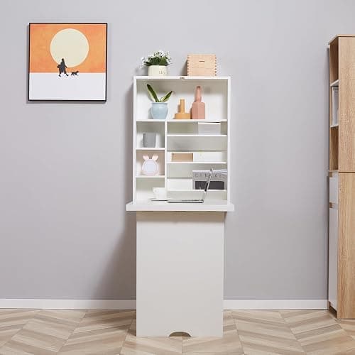 HOMCOM Wall Mounted Fold Out Convertible Desk, Multi-Function Floating Desk with Storage Shelf for Home Office, White thumbnail 7