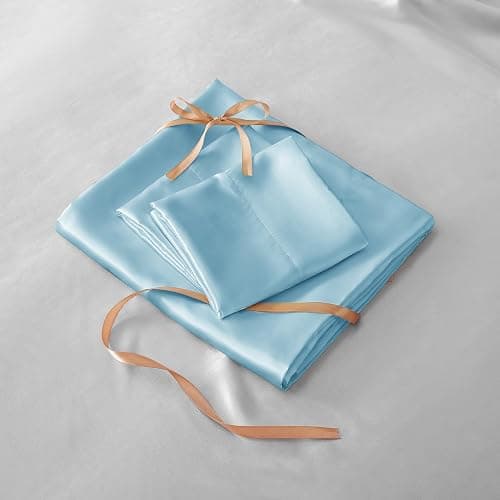 BEDELITE Satin Fitted Sheet and Pillowcase Set, Luxury Soft Similar to Silk Bottom Bedsheet with Elastic Corner Straps, Deep Pocket up to 15 Inch, 1 Fitted Sheet and 1 Pillowcase(Twin, Light Blue) thumbnail 6