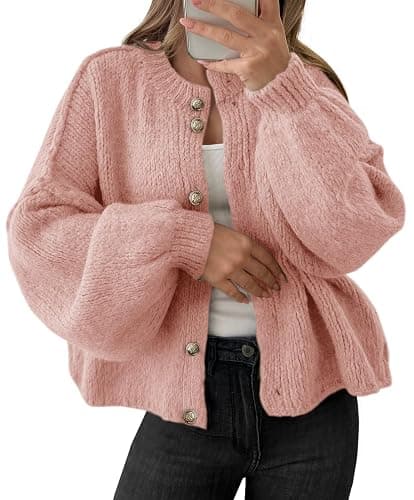 Saodimallsu Womens Oversized Cardigans Button Up Long Lantern Sleeve Chunky Knit Casual Soft Fall Sweater Coats - Image 1
